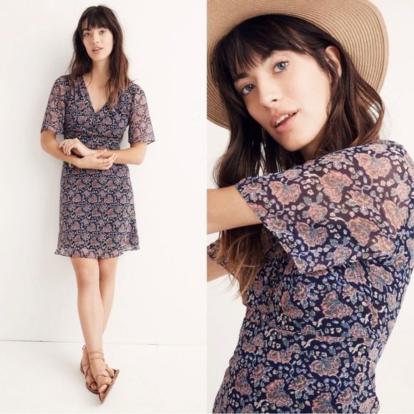 Madewell Dresses & Skirts - Madewell Flutter Sleeve Dress Orchard Print Navy Blue Pink Floral V Neck 6